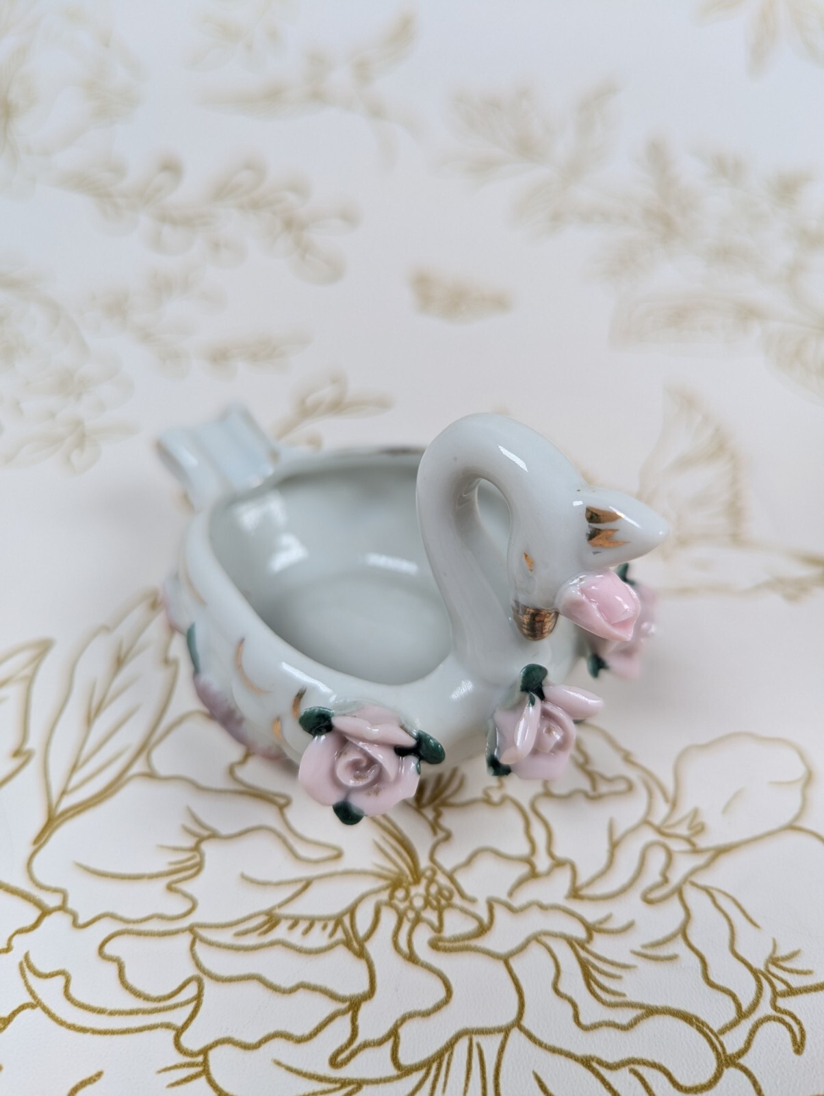 Swan Ashtray & Trinket Dish Japan Gold Accent Flowers Set Of 2 Porcelain Vintage