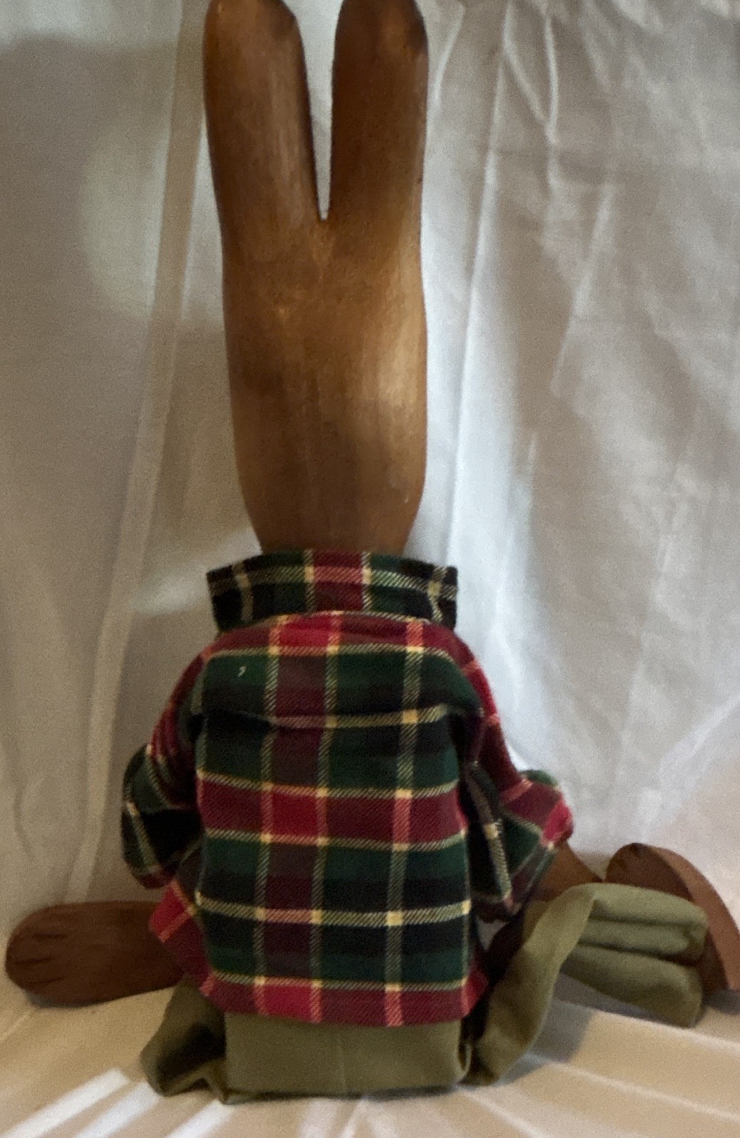 Wood Articulated Rabbit Figurine w/ Plaid Shirt & Green Pants, Brown/Red