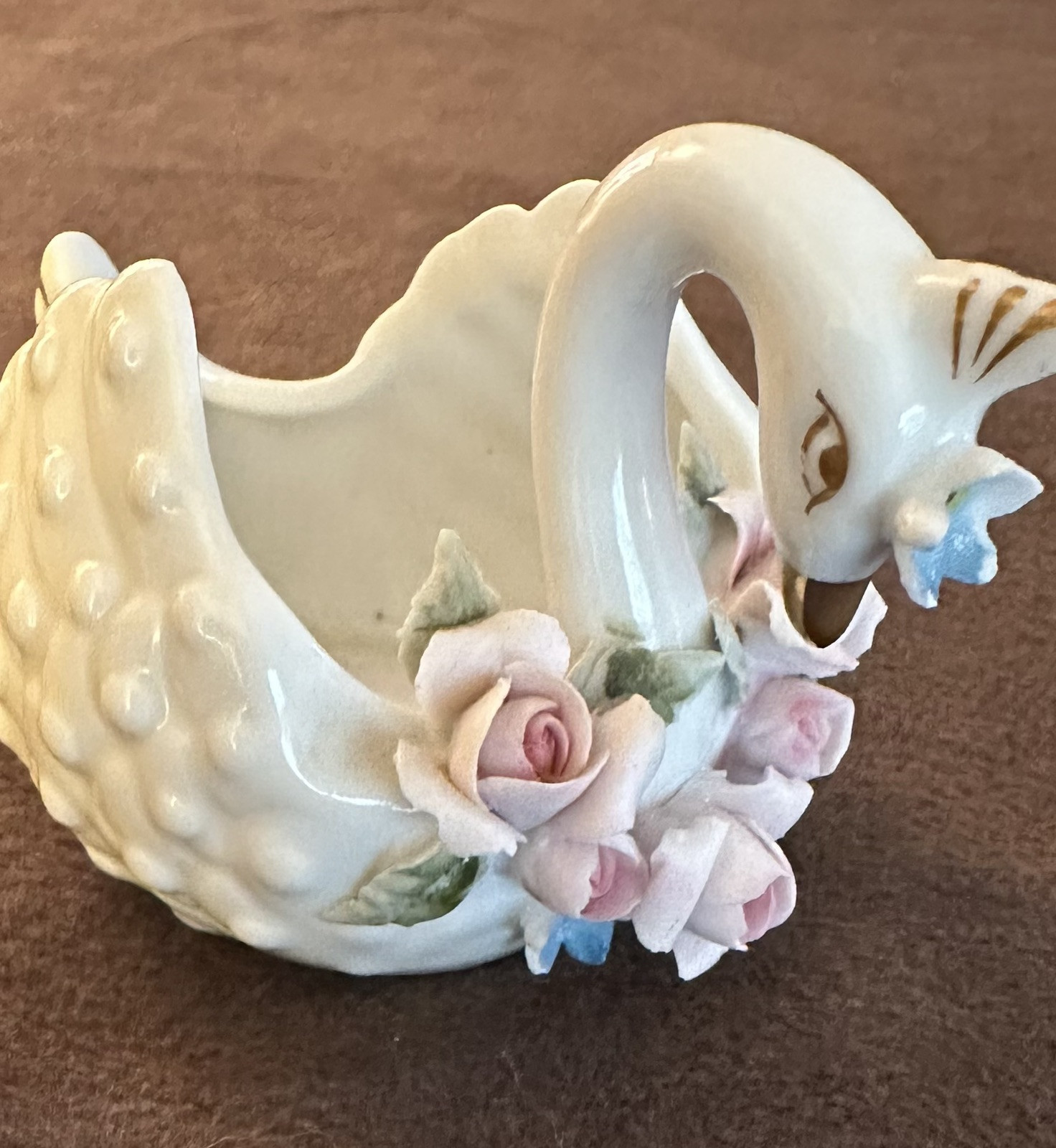 Vtg Lefton China Hand painted Swan Trinket Dish Floral Gold