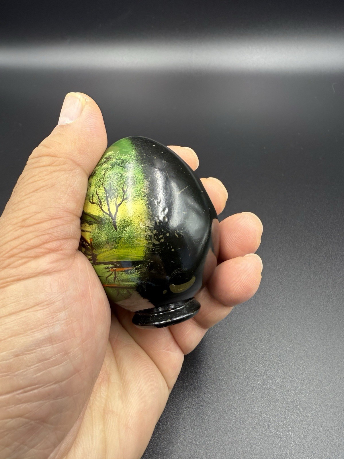 🟢 Vintage Russian Hand-Painted Wooden Egg – Signed Landscape Church Scene