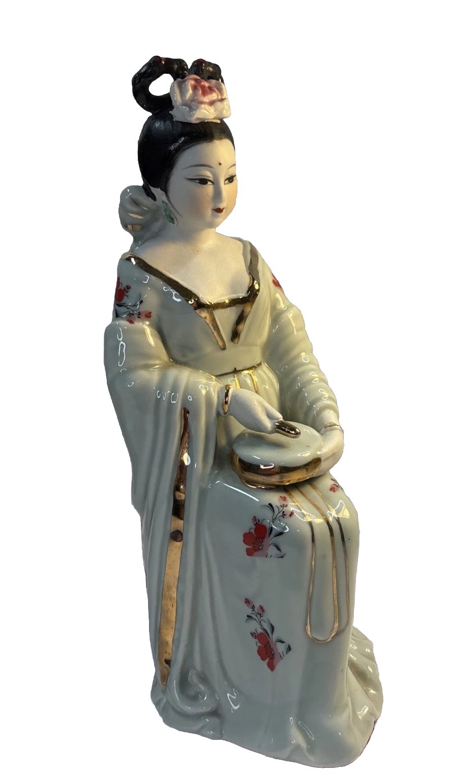 Vintage Large 10” Porcelain Japanese Seated Geisha Flowers Drum Gold Trim
