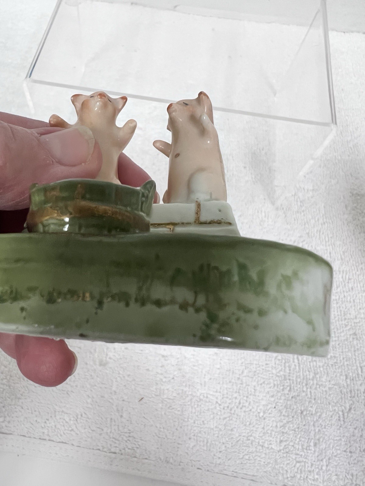 Antique German Pink Pigs Fairing Green Bucket White Wall Dish Toothpick Holder