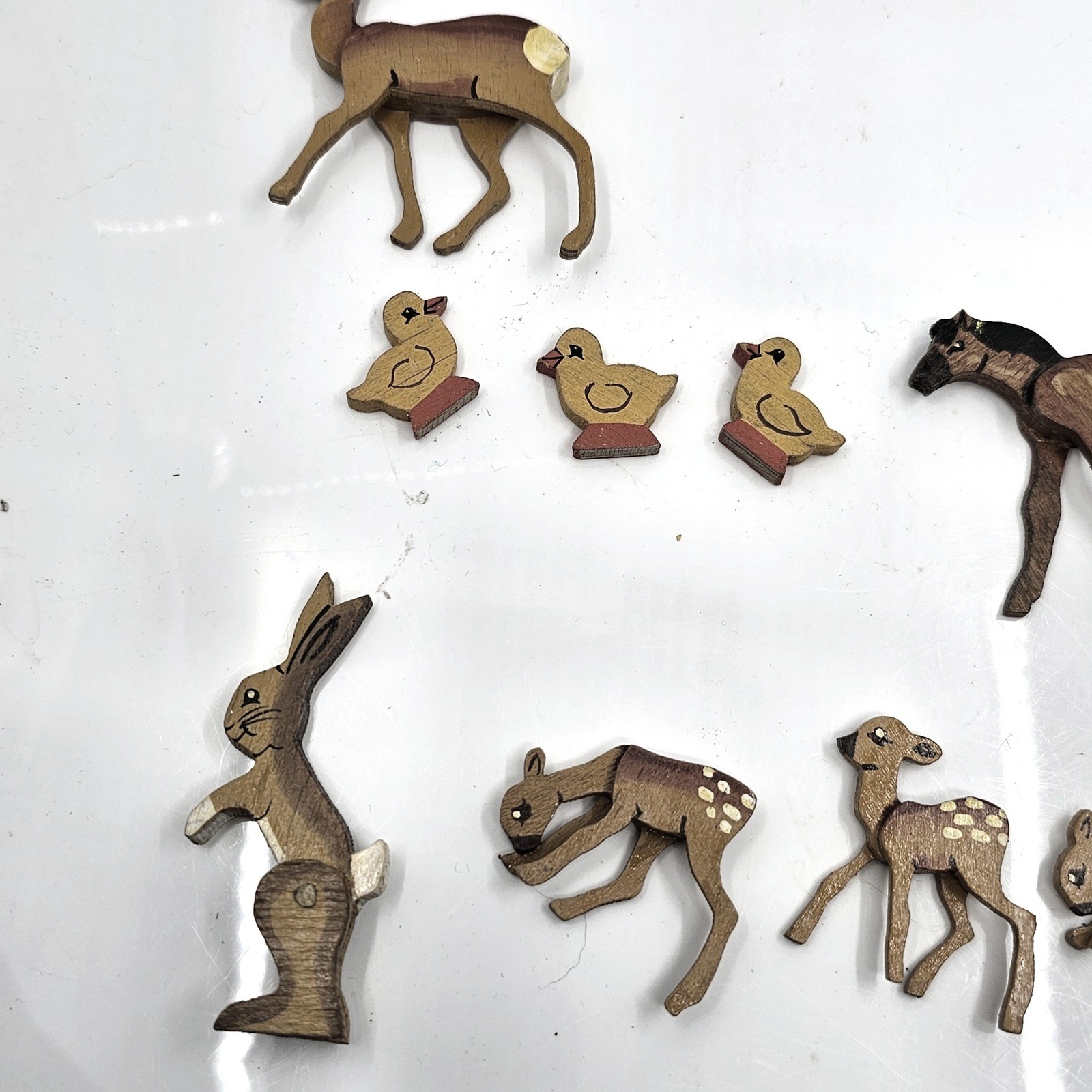 Vintage Hand Painted Wooden Animal Figurines Set 12pc Deer Horse Rabbit Duckling