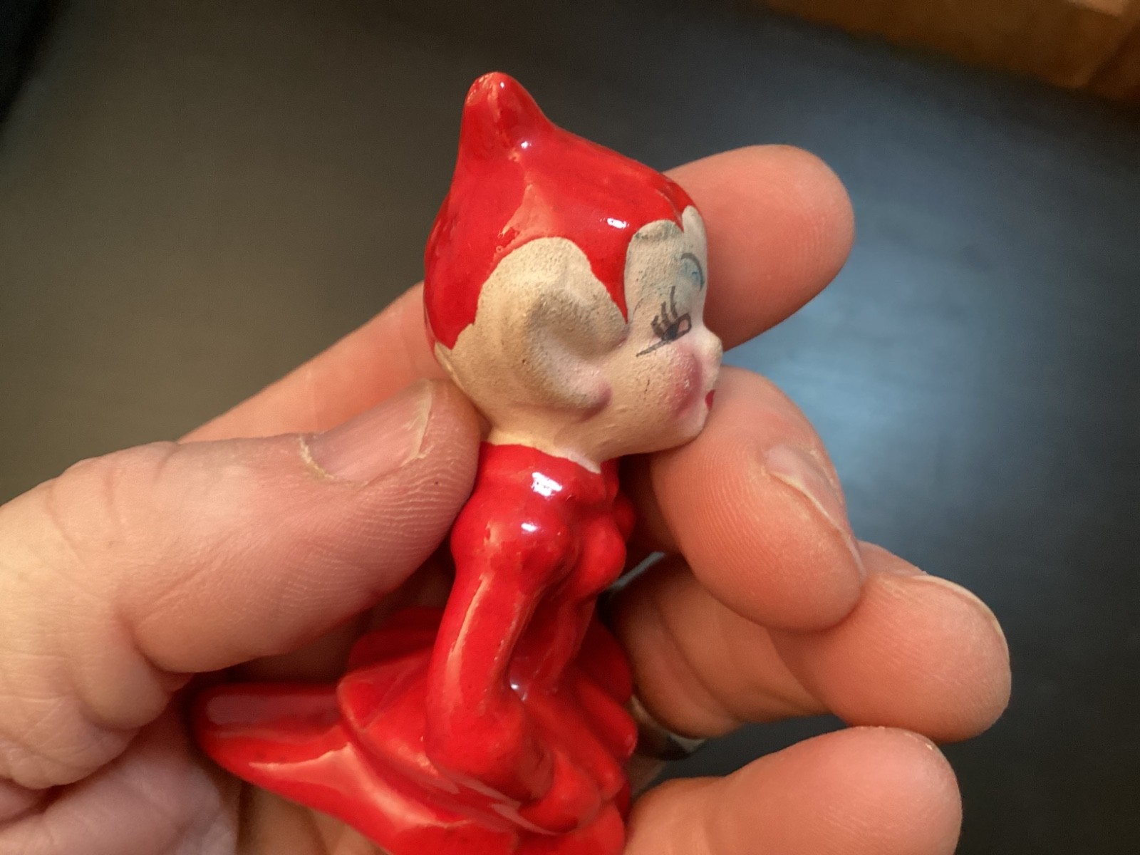 VINTAGE MCM 1950s Red ELF PIXIE Sitting Ceramic Figurine
