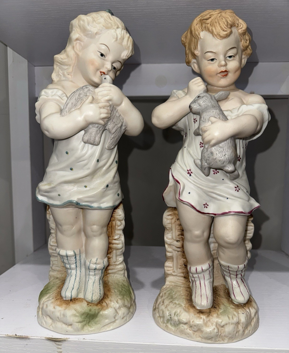 Antique German Bisque Figurines Pair Girl Rabbit Girl Dove Heubach Style 1890s
