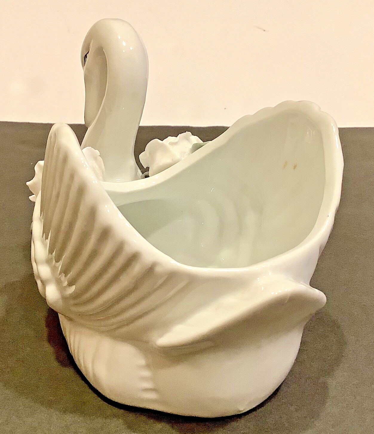 Big 9” SWAN Open Back Vintage Vanity Items or Planter w/Applied Flowers GERMANY