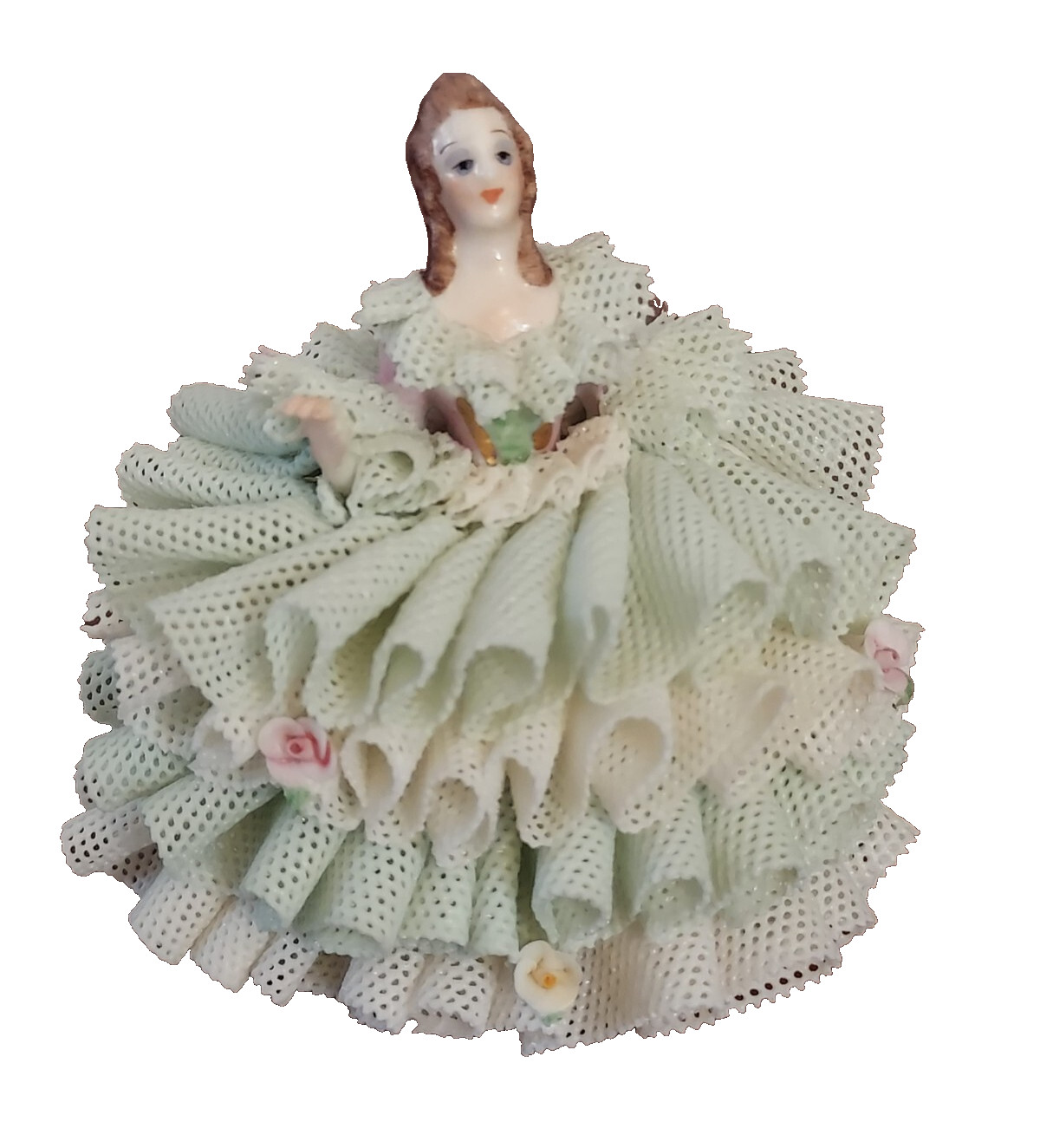 IRISH DRESDEN LACE Volkstedt Muller Miniature Porcelain Emerald ROSA PUFFY DRESS