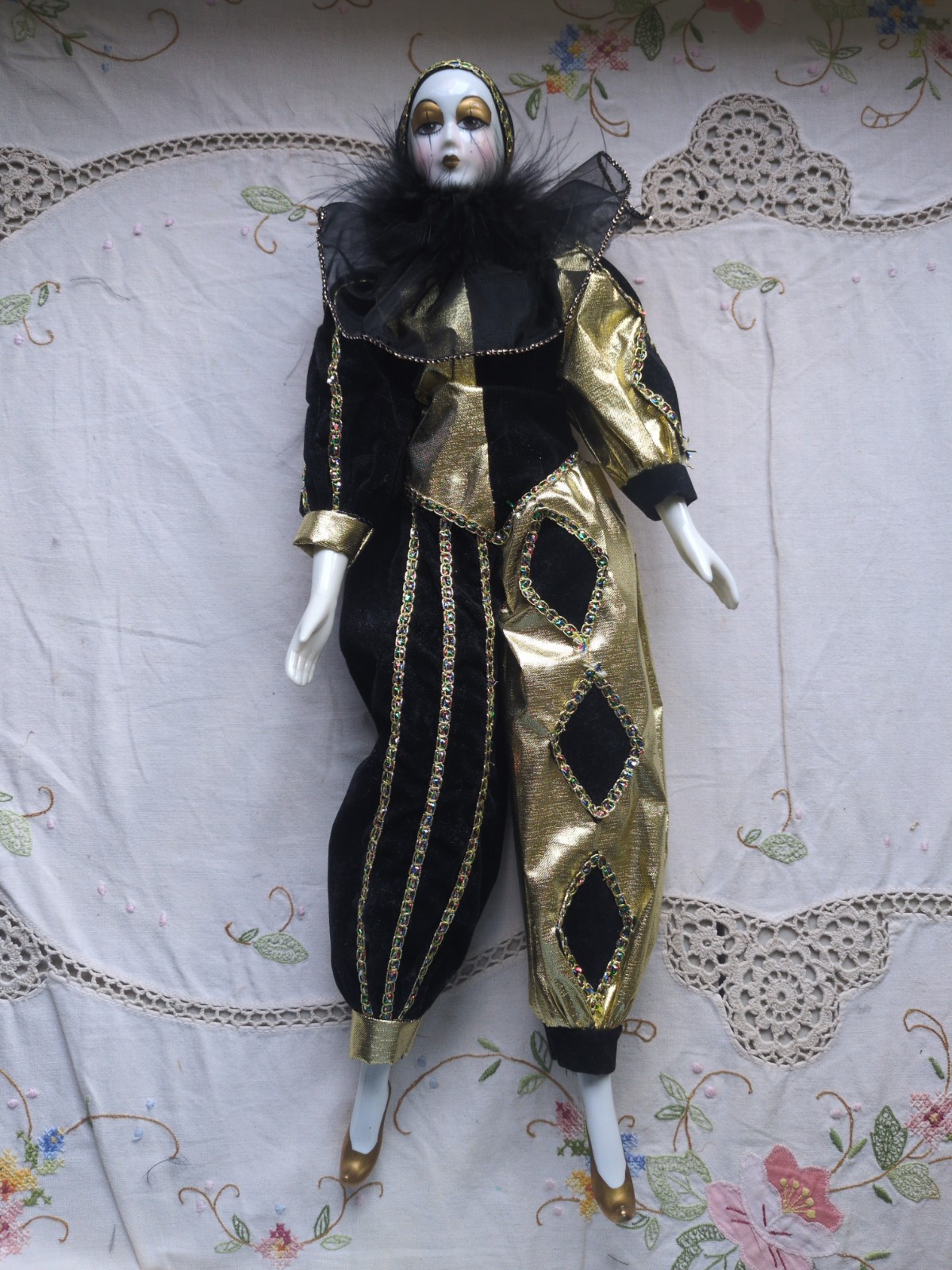 Vintage Porcelain Harlequin Jester Clown Doll, Black Velvet & Gold Costume 18″