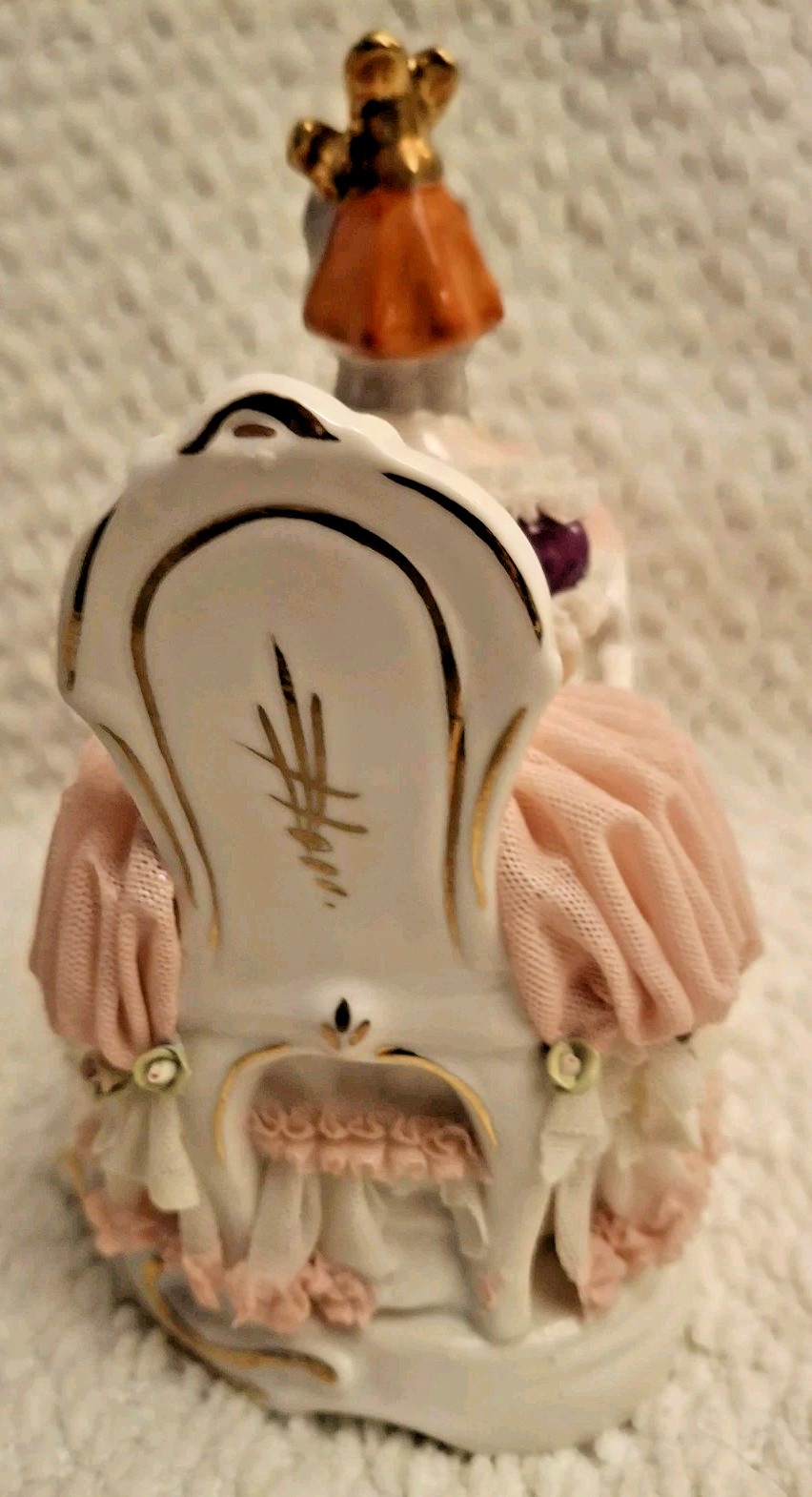 Dresden Lady (Playing Piano) in Pink & White Lace Dipped In Porcelain Germany