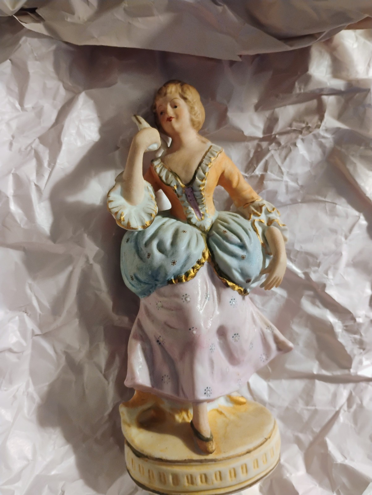 bisque colonial couple figures, gold trim, handpainted, detailed Maruri Japan