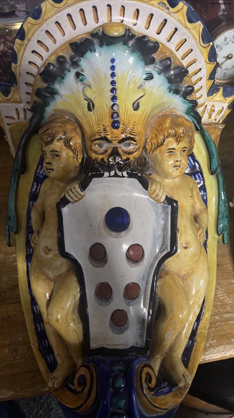 Antique Italian Majolica Putti Heraldic Wall Plaques (pair).