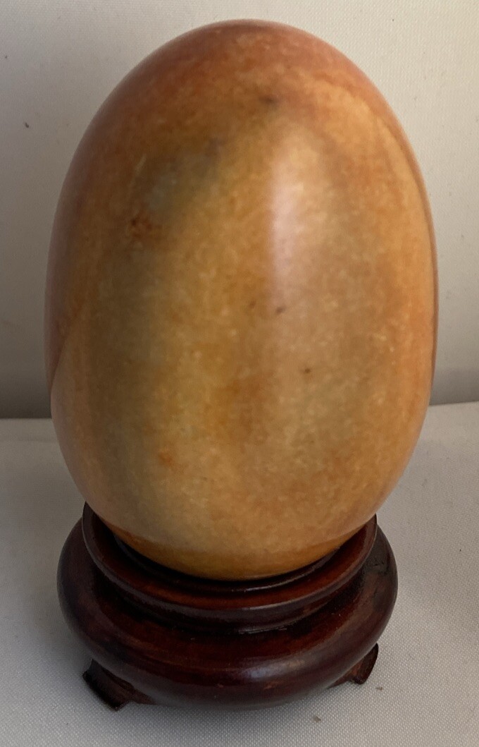 Vintage Marble/Alabaster Egg with Round Black Stand Shades of Beige Orange Brown