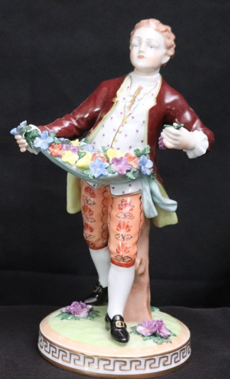 Large 8.5″ Dresden Porcelain Figurine Man Gathering Flowers Germany Vintage