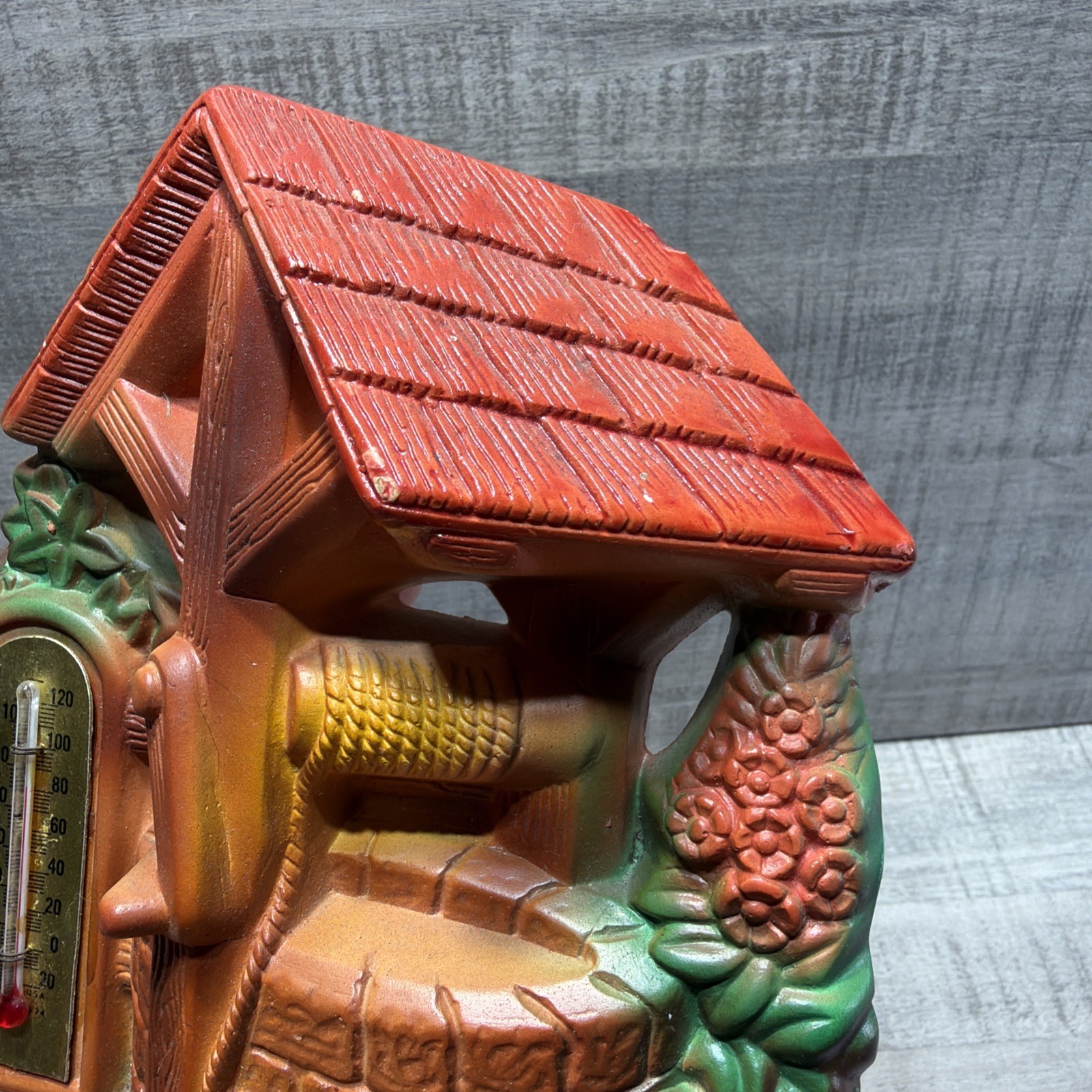Vintage 6” 1966 Miller Studios Chalkware Wishing Well Thermometer Free Shipping