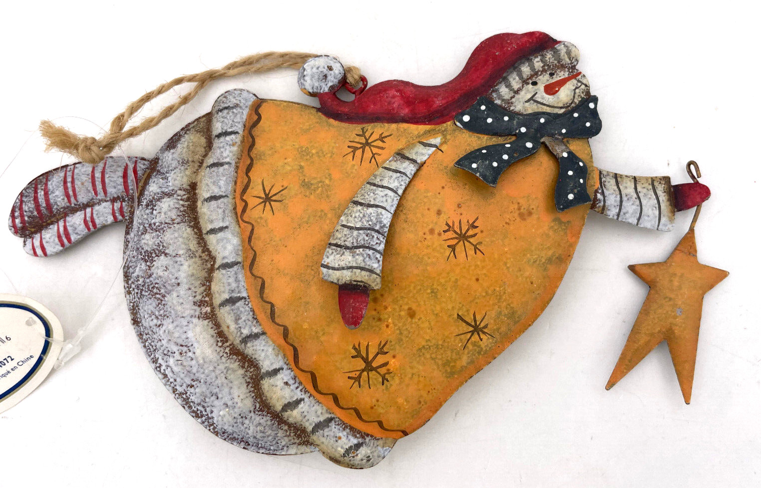 Giftcraft-Snowman in Yellow with Blue Scarf w/Star Tin Ornament 6.5″-#682491A