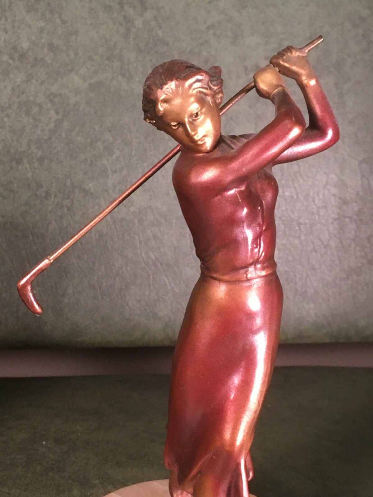 FABULOUS PAIR 1930’s ART DECO ANTIQUE GOLF STATUES PAINTED & MARBLE BASE GOLFER