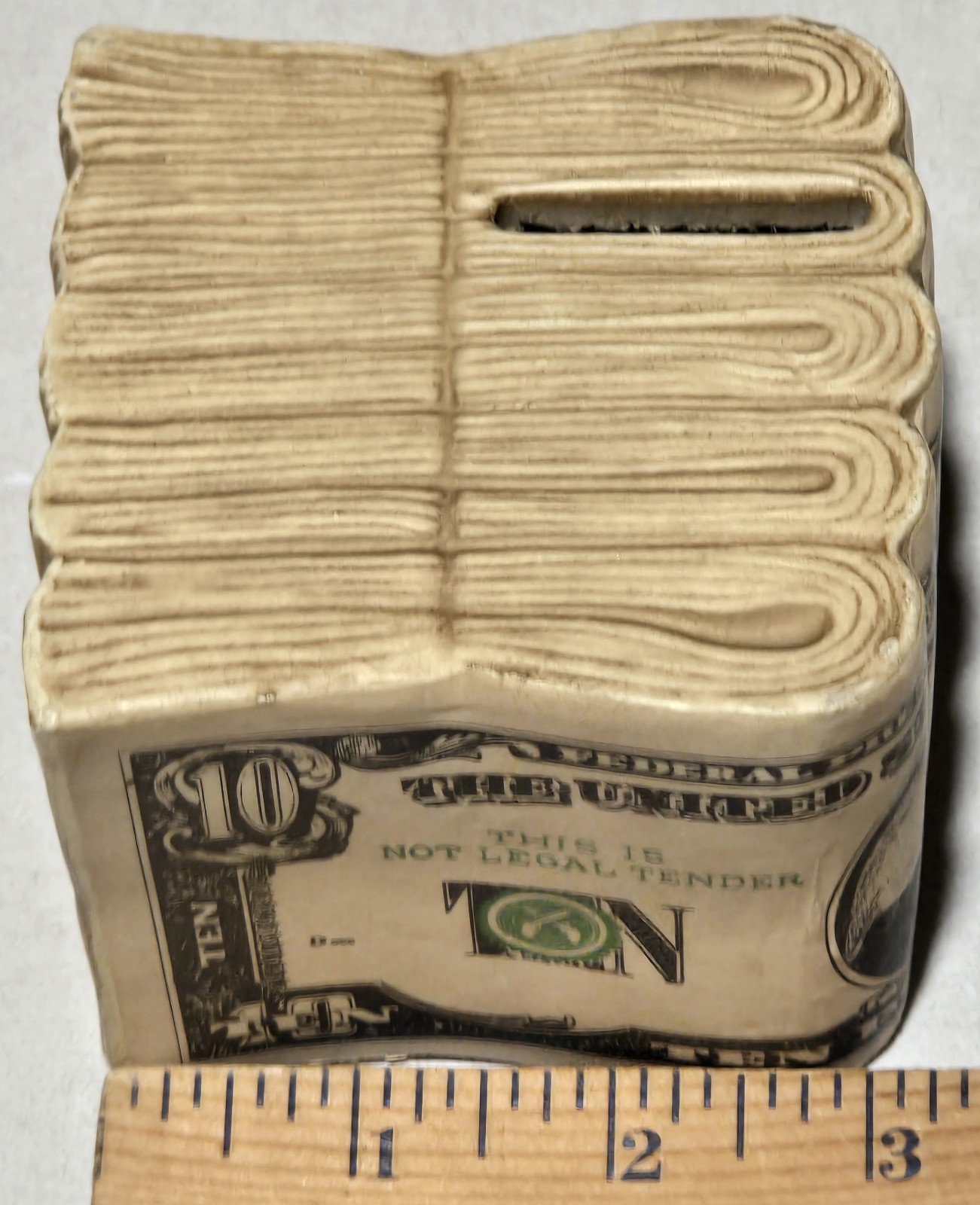 Vintage Coin Bank Stacked Bills 1975 10 Dollar Bands Ceramic MCM