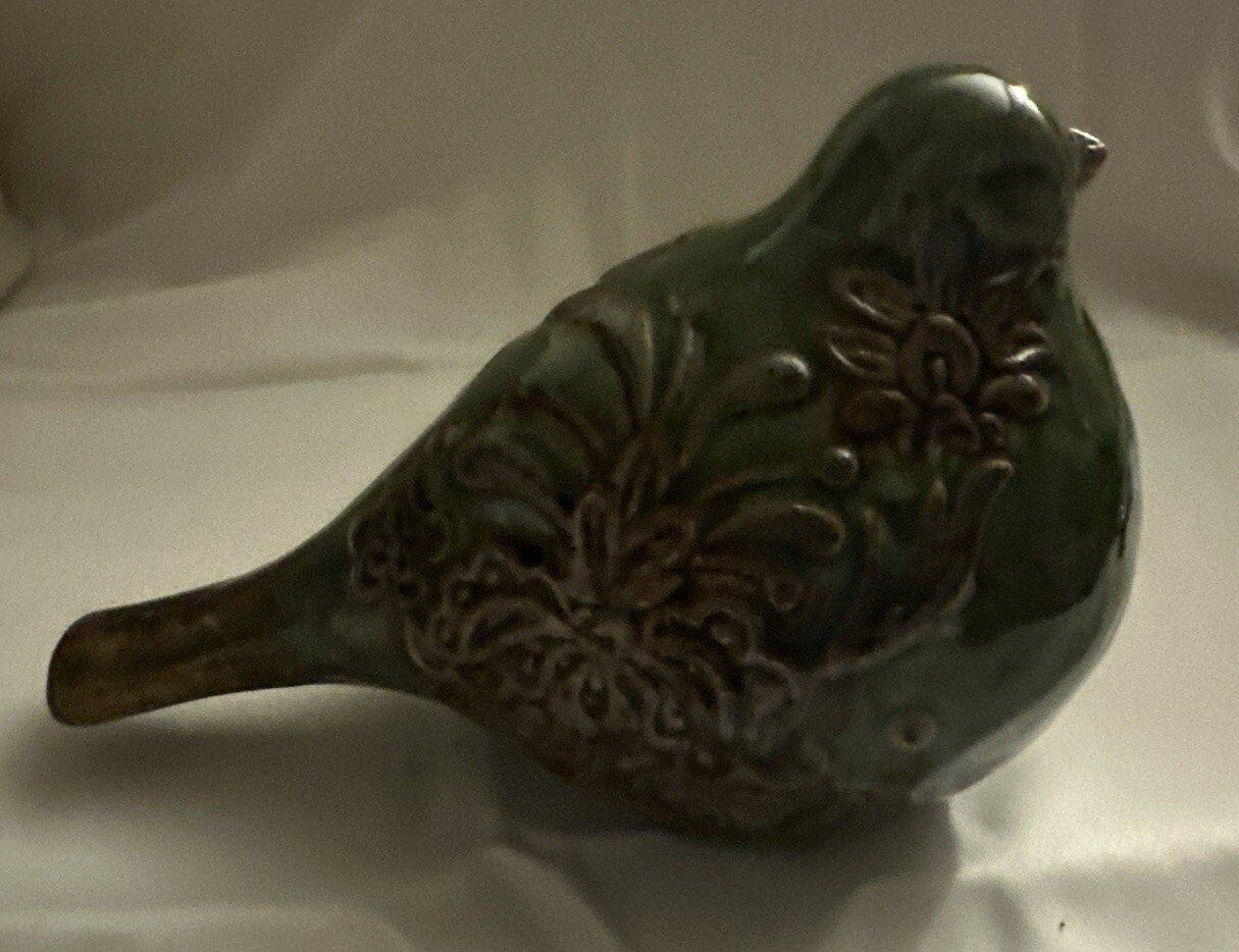 Glazed Green Brown Raised Floral Scroll Cracker Barrel Chubby Bird Figurine 7×5″