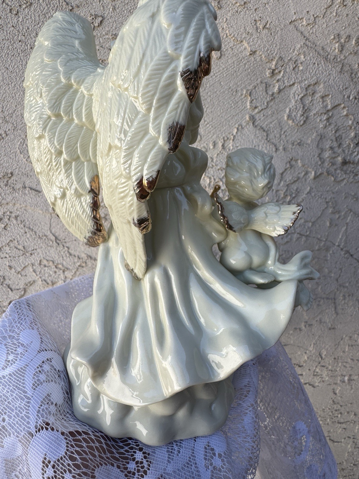 White Gold Porcelain Angel Figurine w/ Cherubs Playing Music Hand Painted