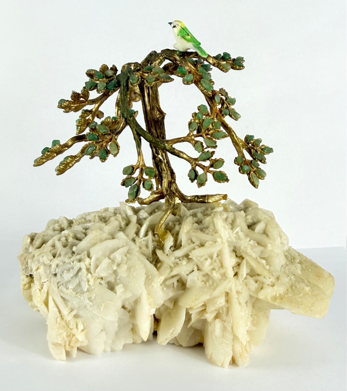 Swoboda Jade Leaves Tree With Bird Gold Trunk Branches Mineral Base VTG 60s