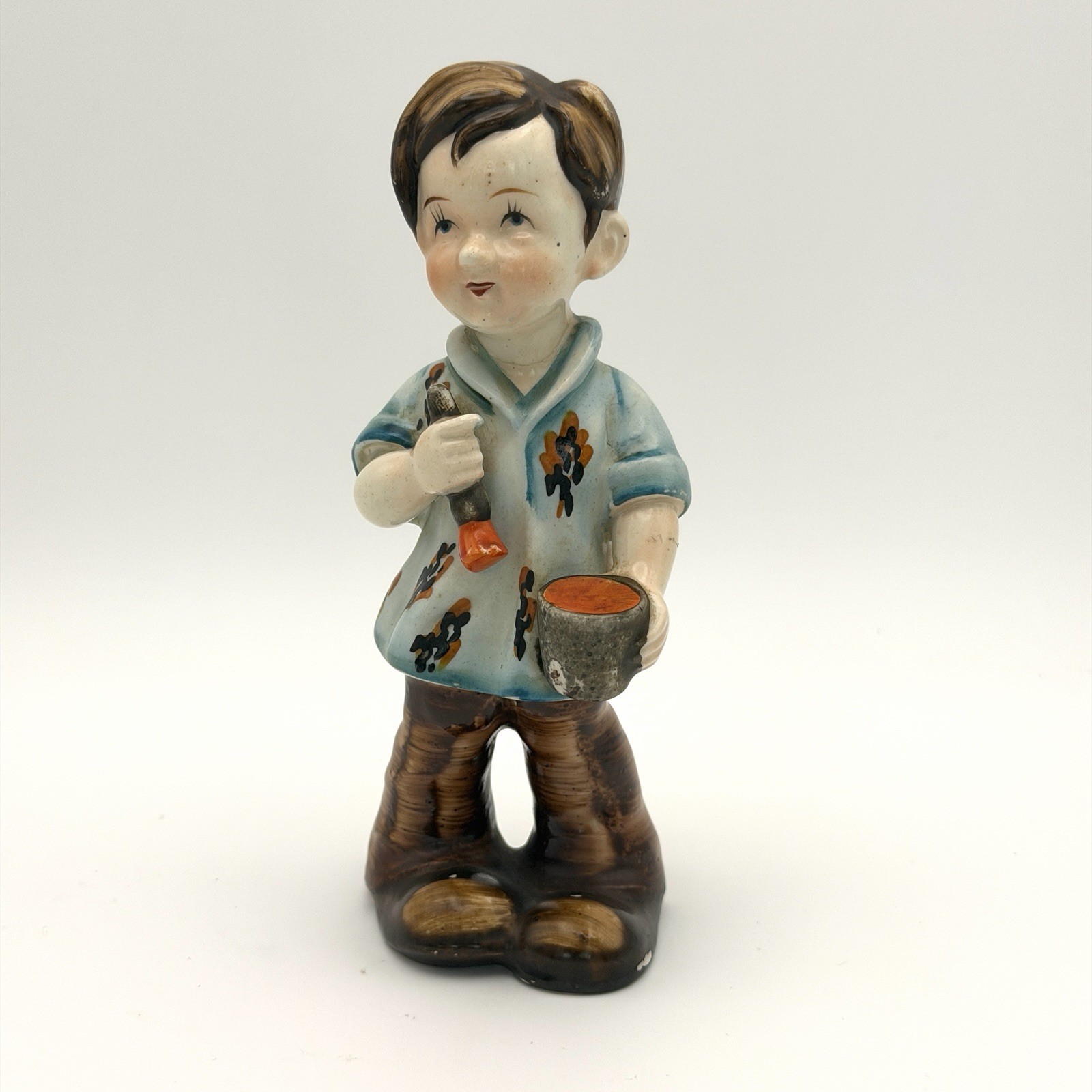 Vintage Occupied Japan Figurine of Young Boy With Paint Brush And Can 6” Hand Pa