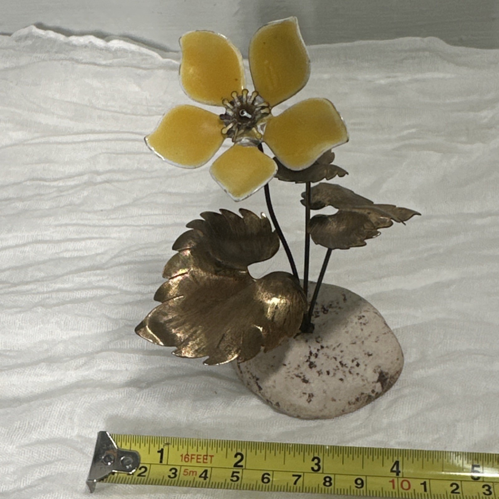 Bovano Handcrafted Metal Enamel Flower Figurine Yellow White Bronze Glossy