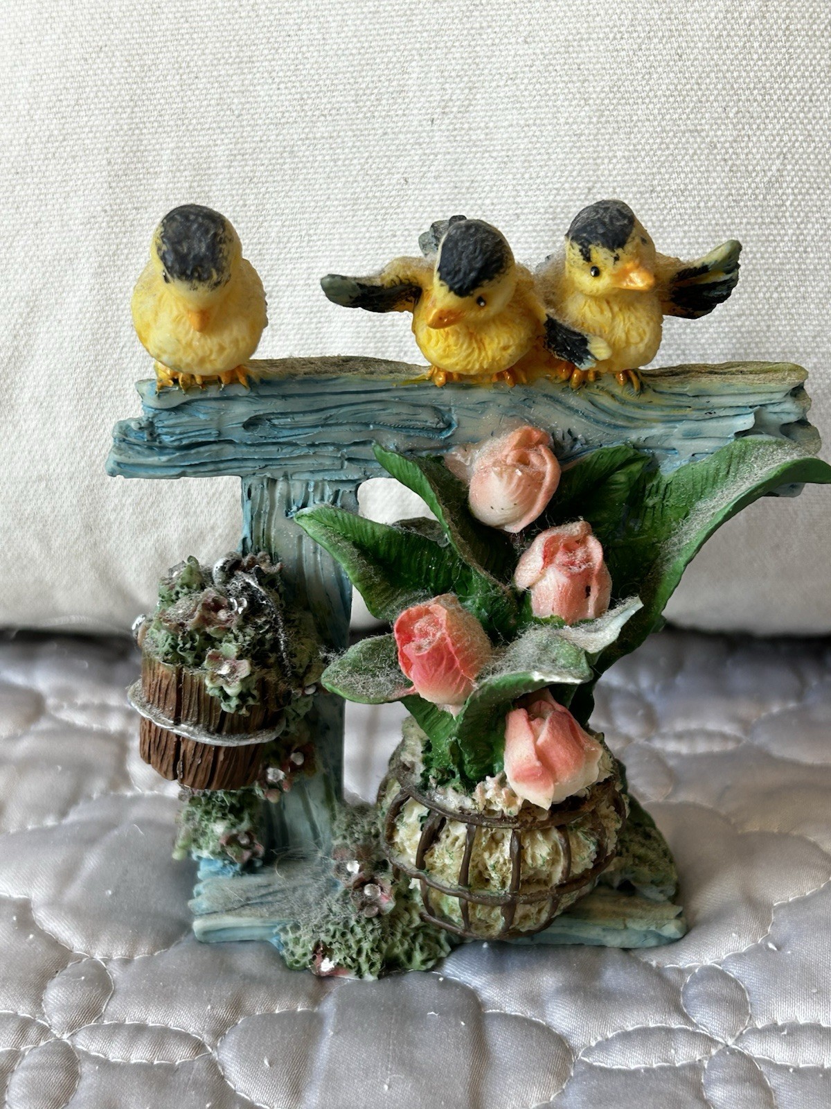Vintage Garden Theme Figurine with Yellow Birds and Tulip Flowers