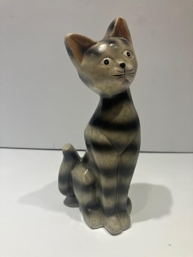 Vintage Red Clay Pottery Hand Painted Tabby Cat Figurine