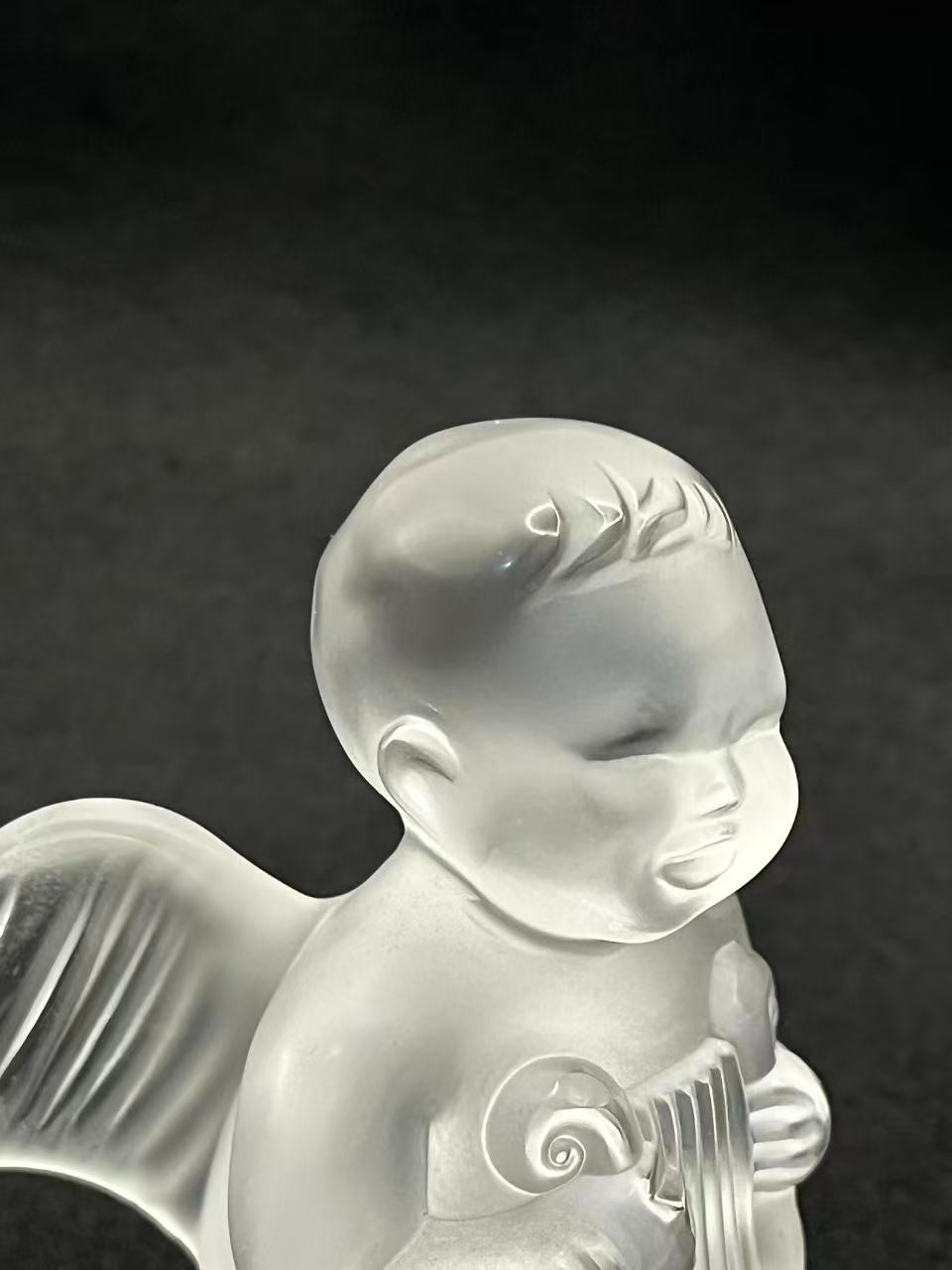 Lalique France Frosted Crystal Cherub/Angel Playing Lyre Figurine 3.3in Tall