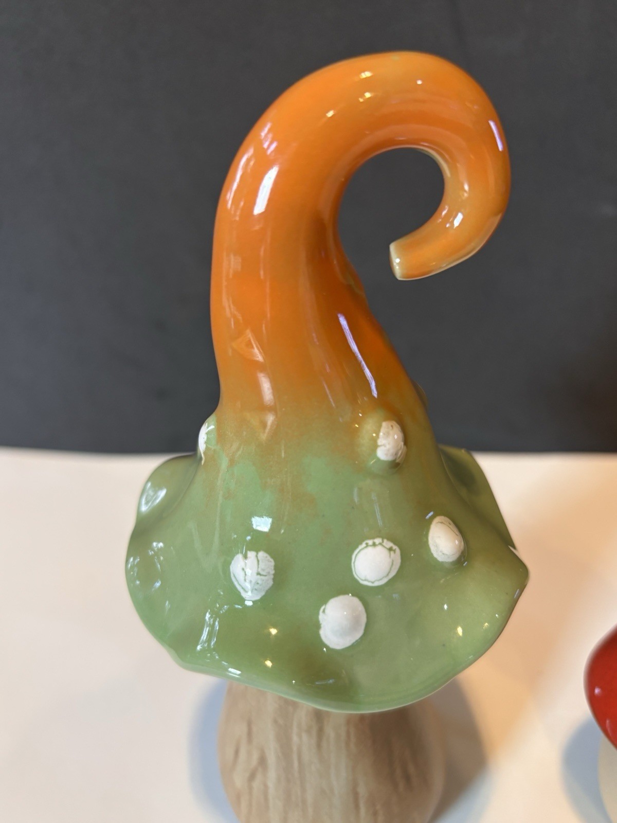 2 Mushroom ceramic figurines orange green white dots red The spring shop NWOT