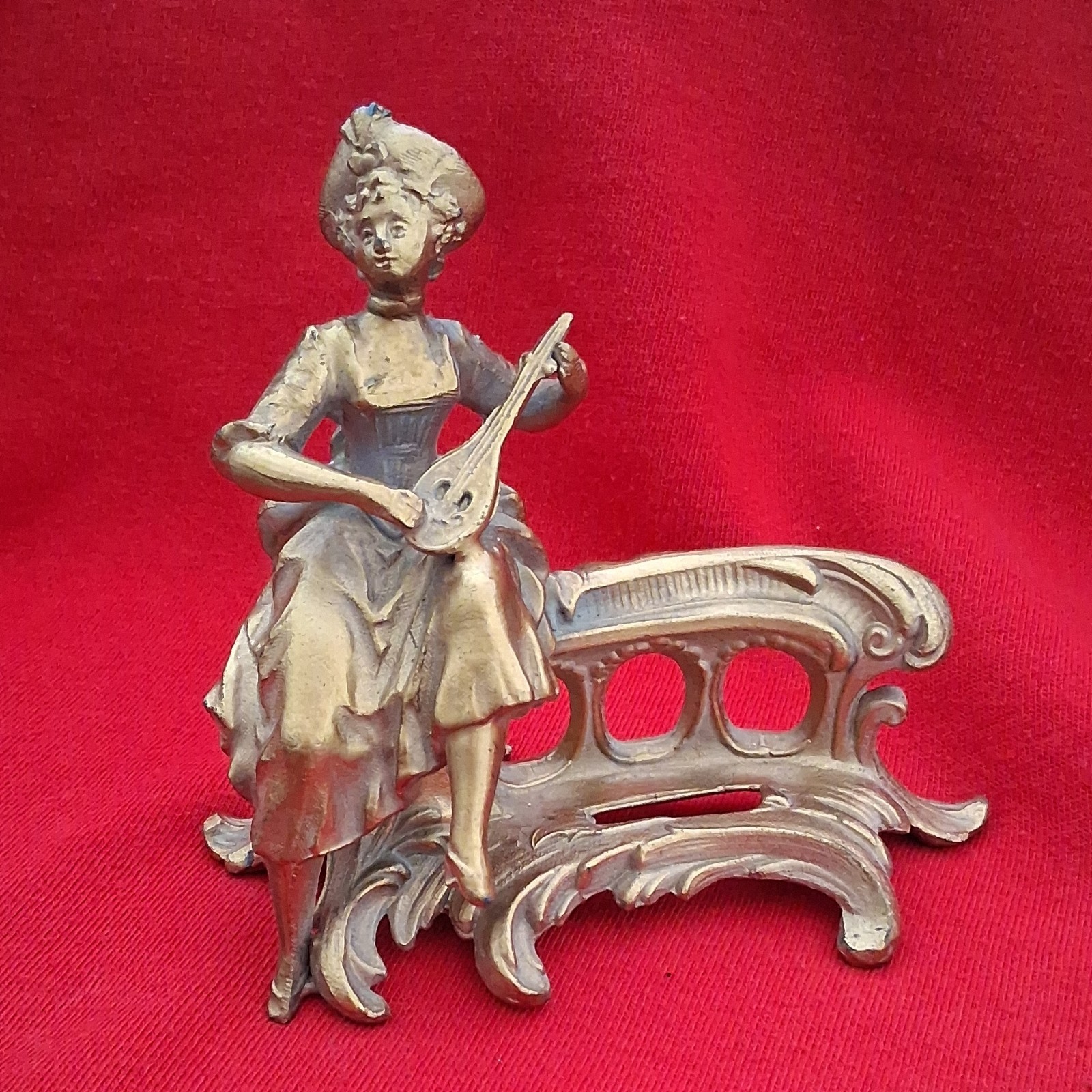 Antique Gold Metal Figurine Woman Playing Mandolin Victorian Art Sculpture