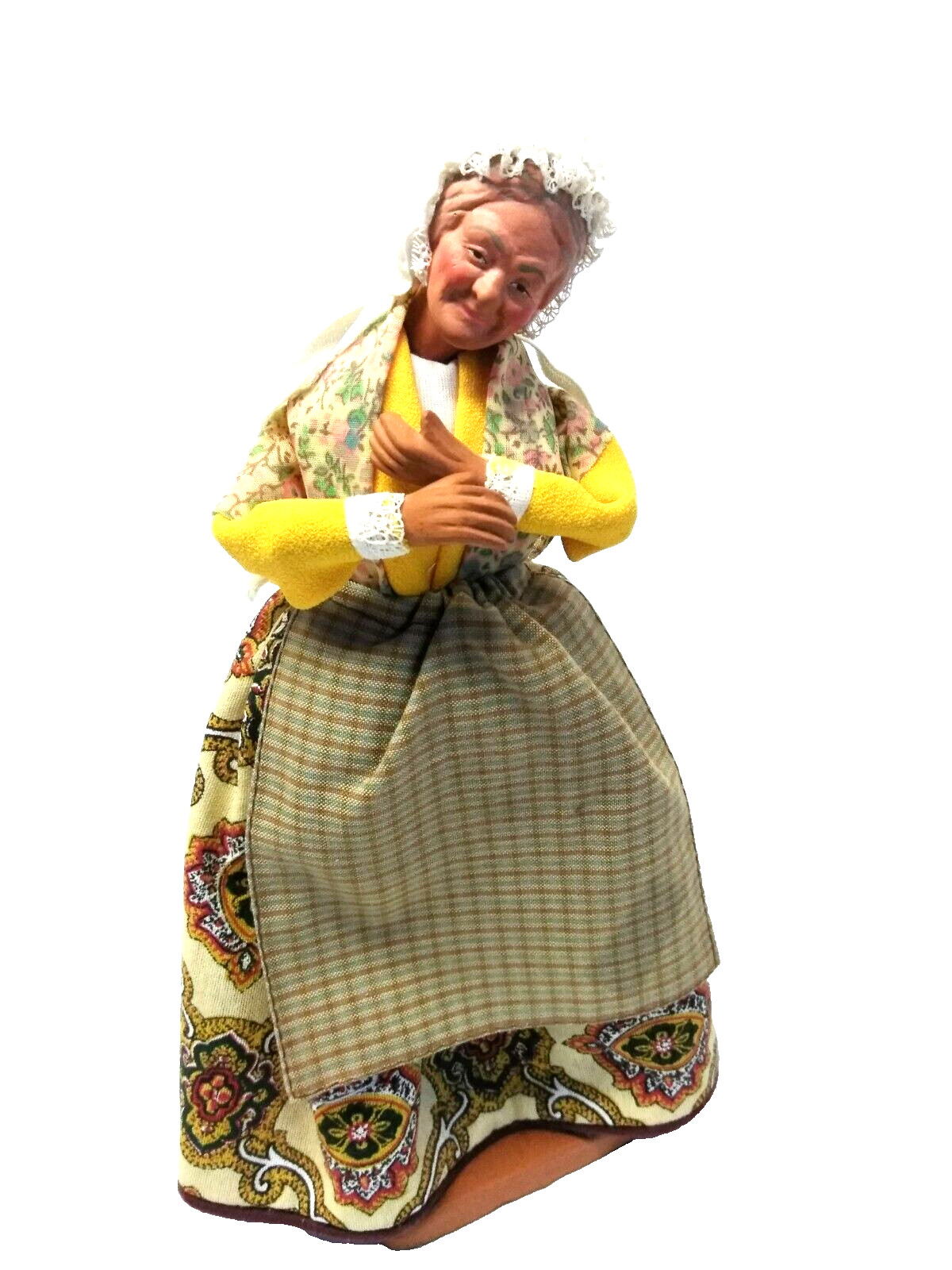 Vintage Claude Carbonel Elderly Woman Terracotta Doll in Paisley Print Dress