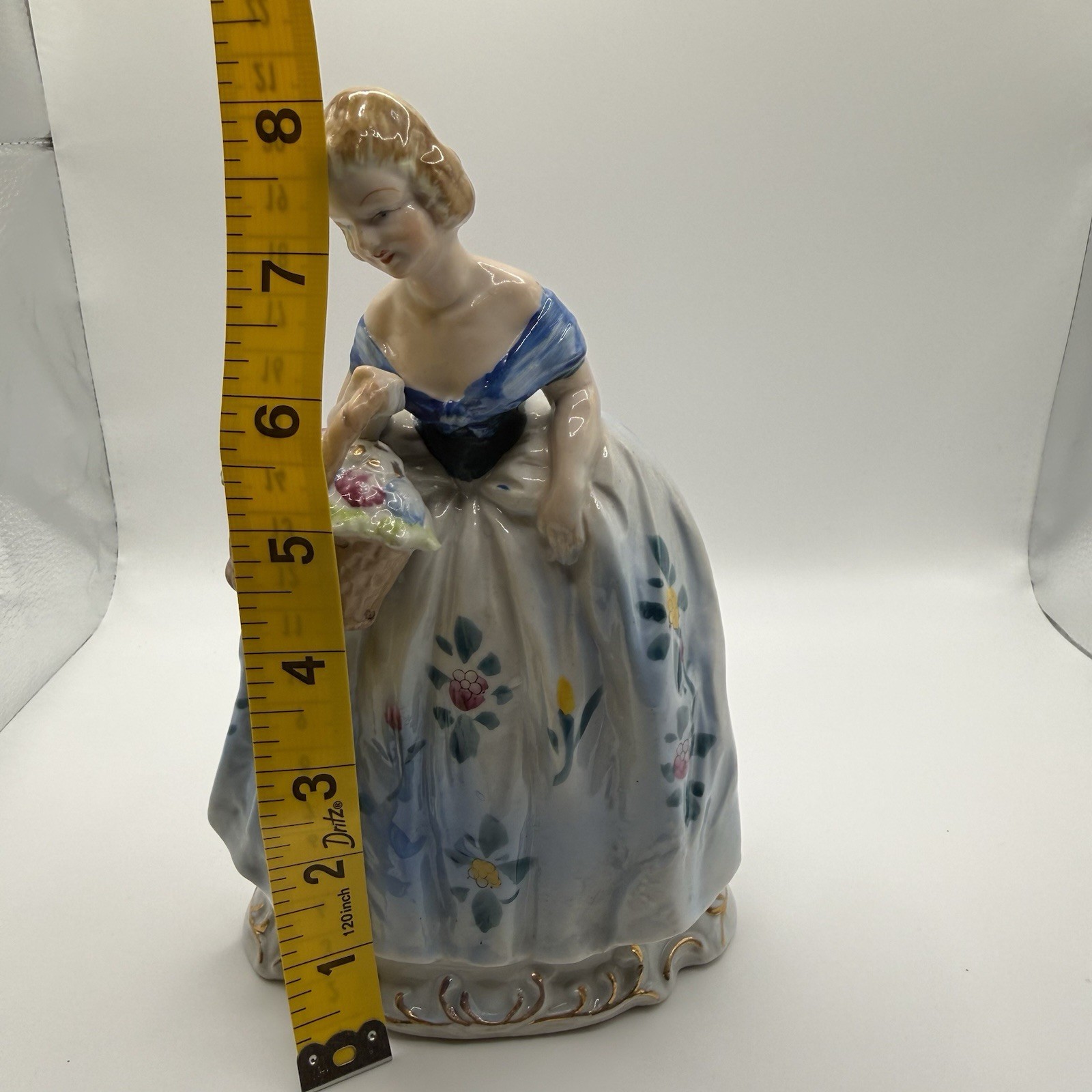 Vintage Japan Porcelain Lady Figurine 8” Woman w/ Basket Floral Dress