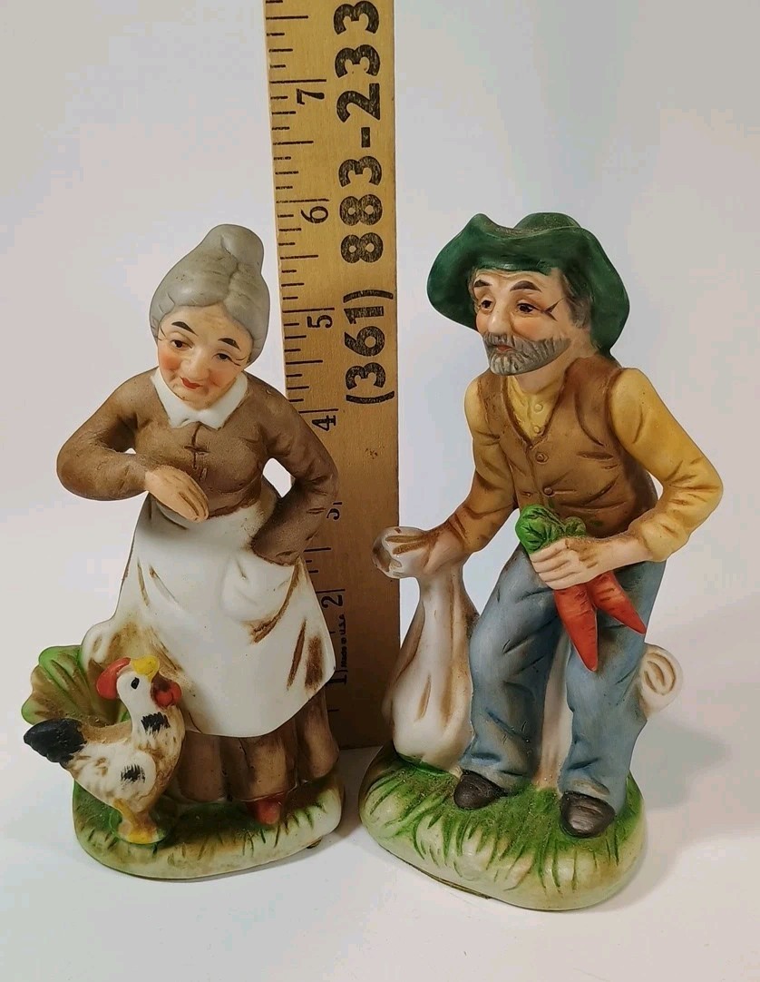 Vintage FBIA Ceramic Old Man With Carrots & Woman With Rooster Tagged 6″