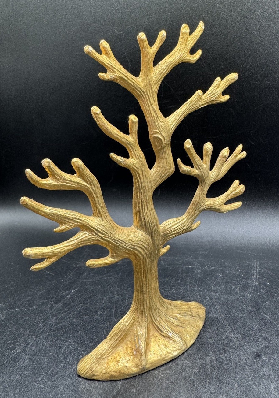 Vtg Cast Metal Decorative Gold Tone Tree Jewelry Stand Earring Holder 6.5″ Tall