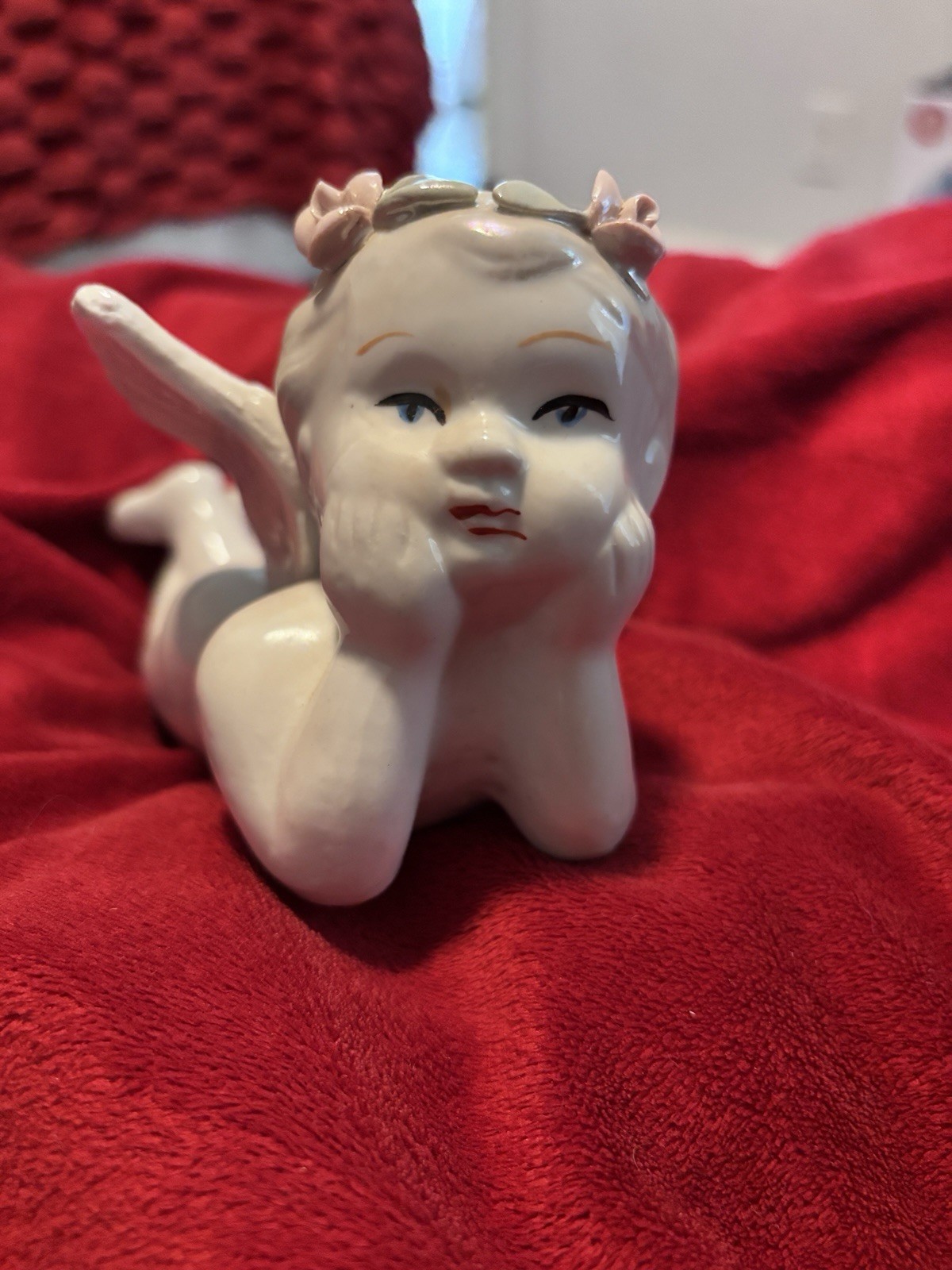 Cherub Crown of Roses Figurine Angel Resting Shabby Chick Cottage Core Perfect