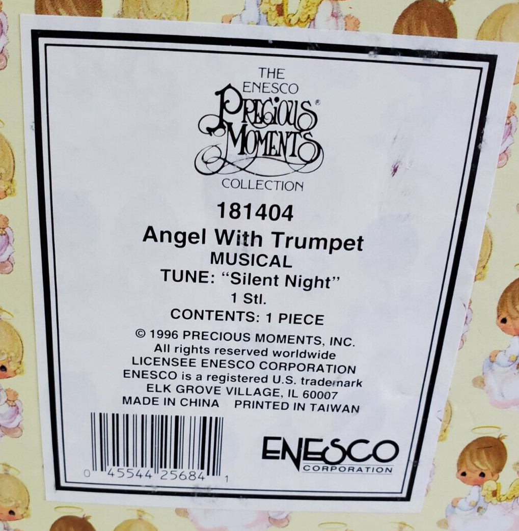 Precious Moments Angel with Trumpet Figurine. Musical Box Silent Night. 1996