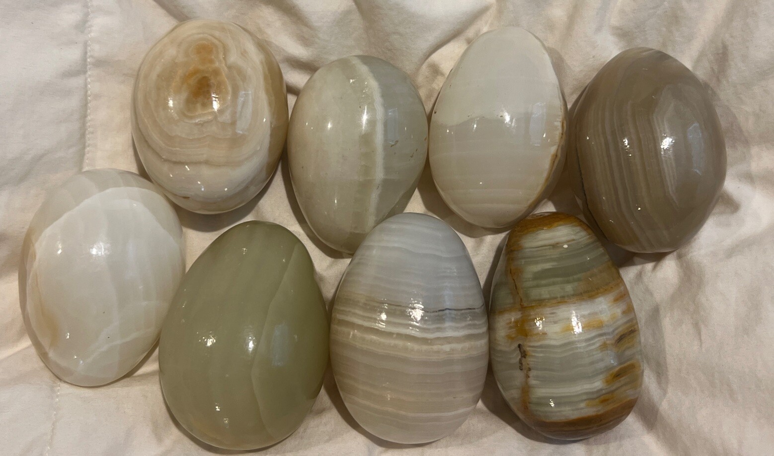 8 Vintage Alabaster Polished Eggs 2 1/2 Inches. Cream, White, Beige Colors.