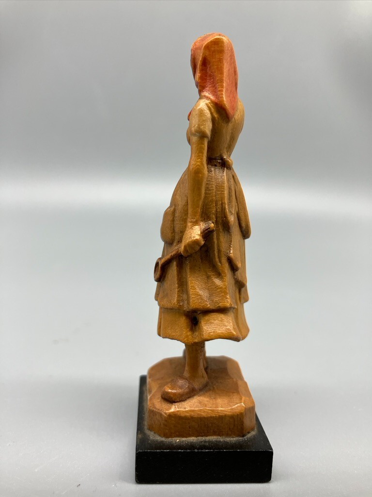 VINTAGE ANRI CARVED WOODEN FIGURINE STANDING GIRL WITH SPOON 3 1/4 INCHES TALL