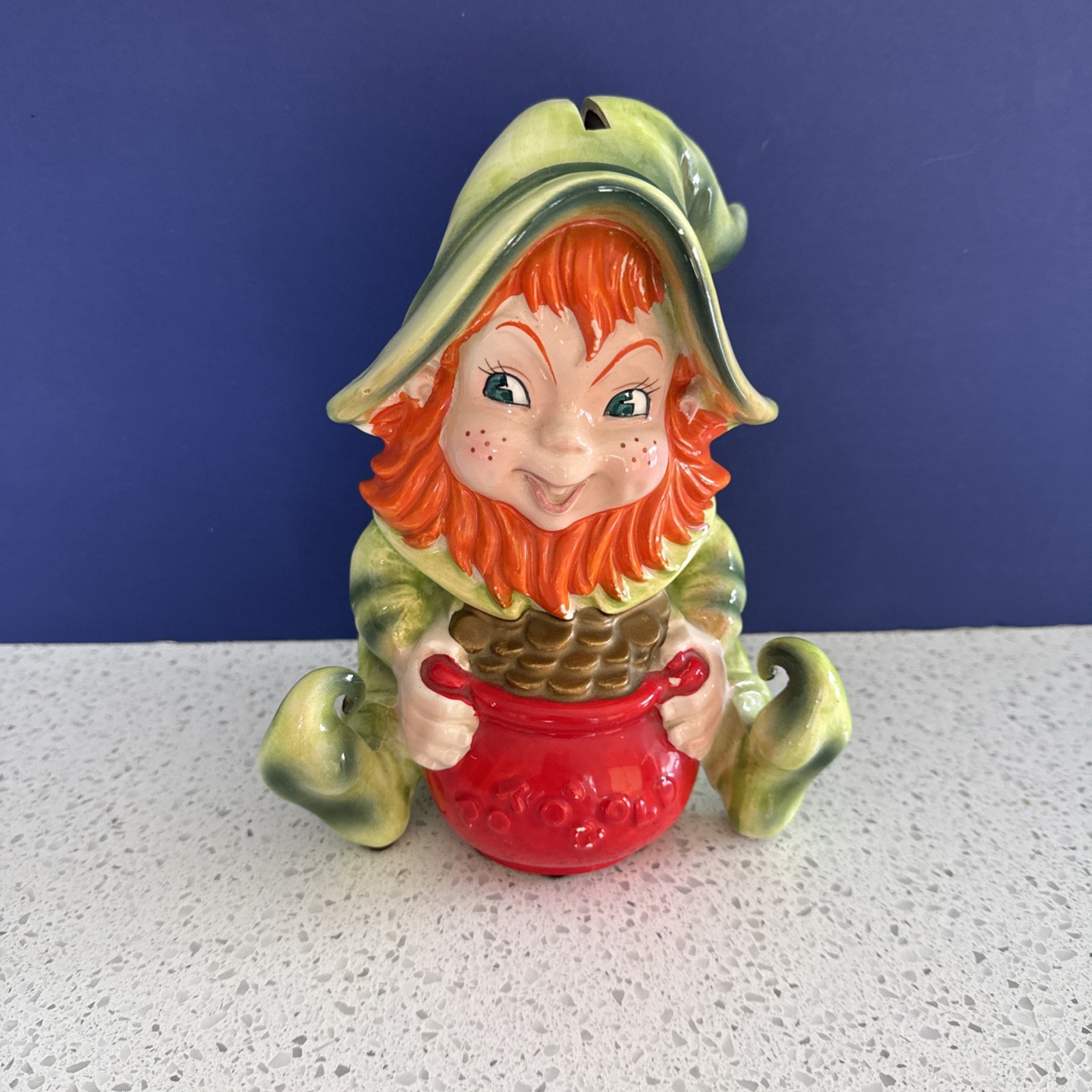 Vintage Marika’s Original Lefton Leprechaun Elf Pixie Pot of Gold 7.5″ Coin Bank