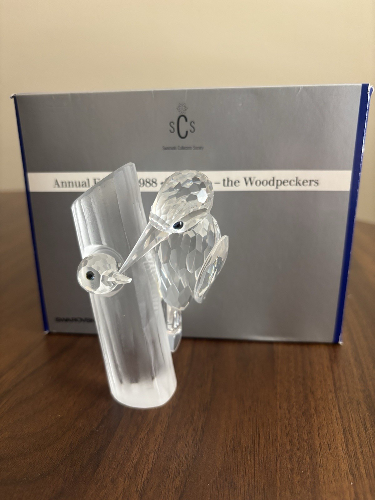 1988 Swarovski SCS Woodpeckers Figurine – Frosted Crystal Birds 4.25″