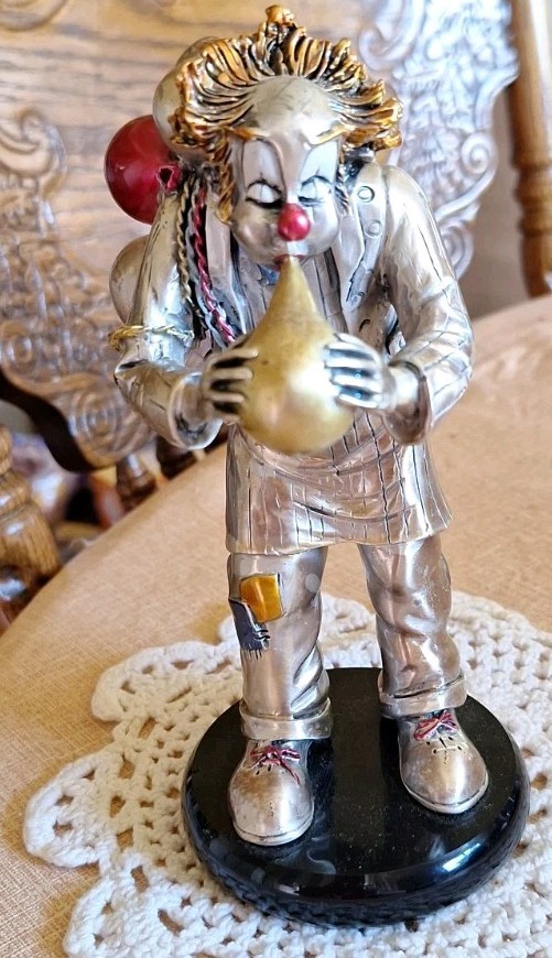 Mida Argenti Italian Silver-Laminated Clown Figurine Mounted On Black Base