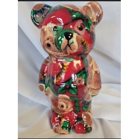 Joan Baker Vintage Teddy Bear Porcelain Rare Patchwork Fabric Figurine 8.5″