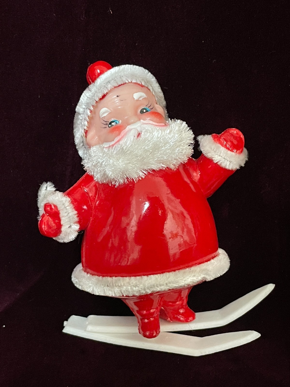 Vtg Snow Skiing Santa and Ice Skating Mrs Claus Plastic Japan Ornaments MCM