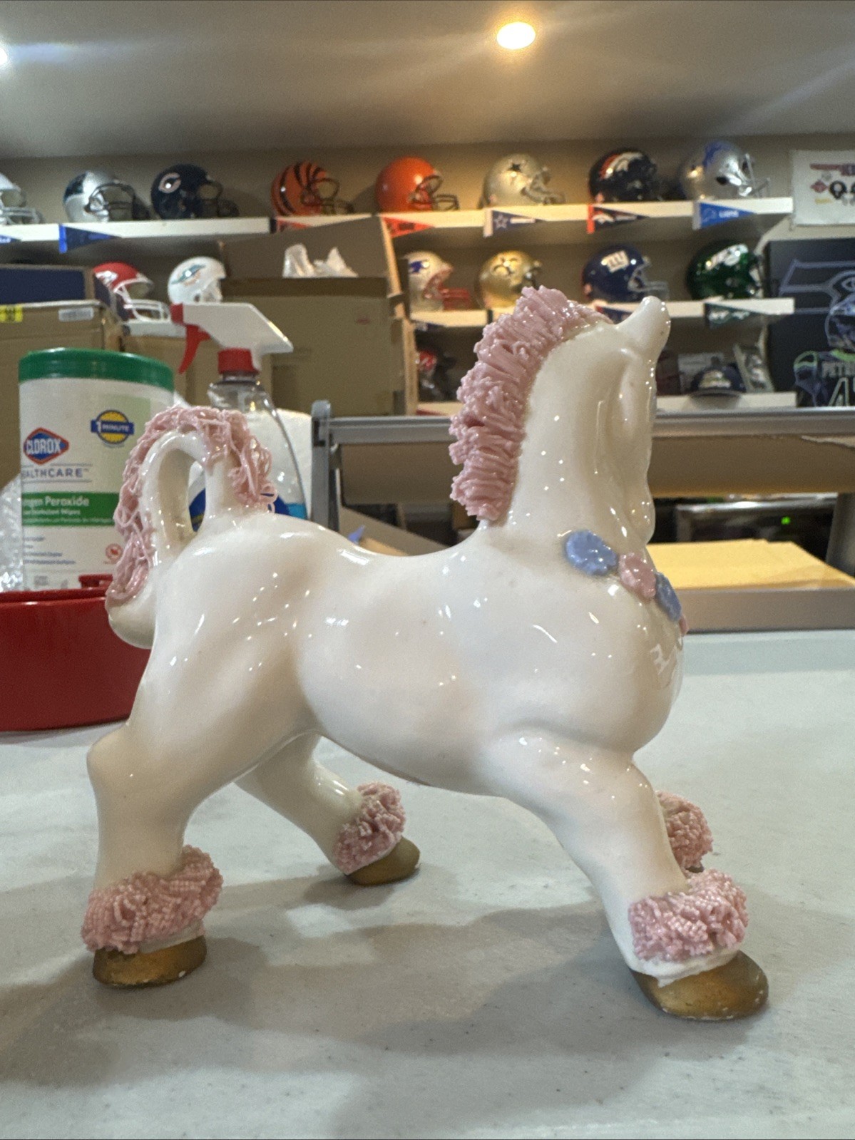 1950’s Kress and Co. Spaghetti Horse Figurine White Pink Mane Flowers Japan 5”