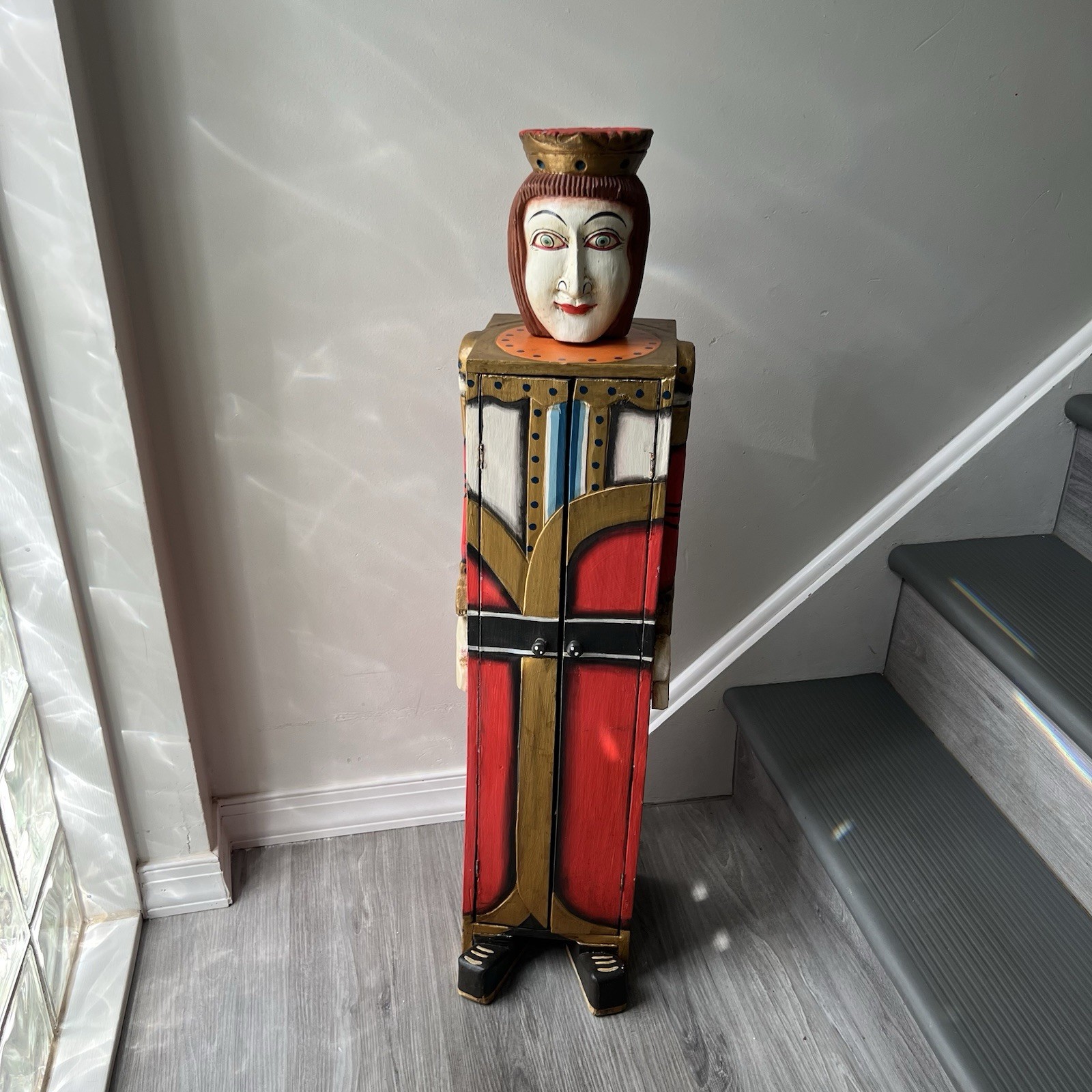 Rare Pair Folk Art King Queen Cabinet Figures Hand Painted Wood 41″ 39.5″