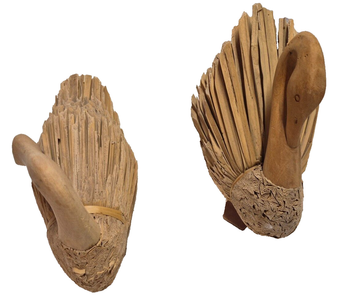 Set of 2 Handmade Vintage Folk Art Swans Made In The Philippines