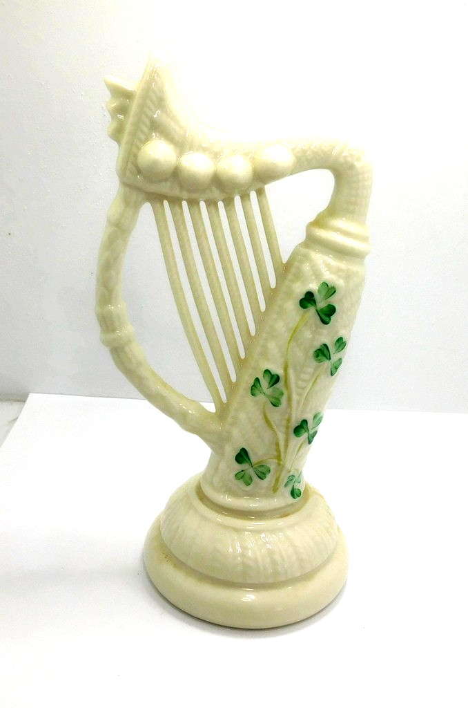 Belleek Ireland Porcelain Harp Figurine • Shamrock Pattern • Cream & Green