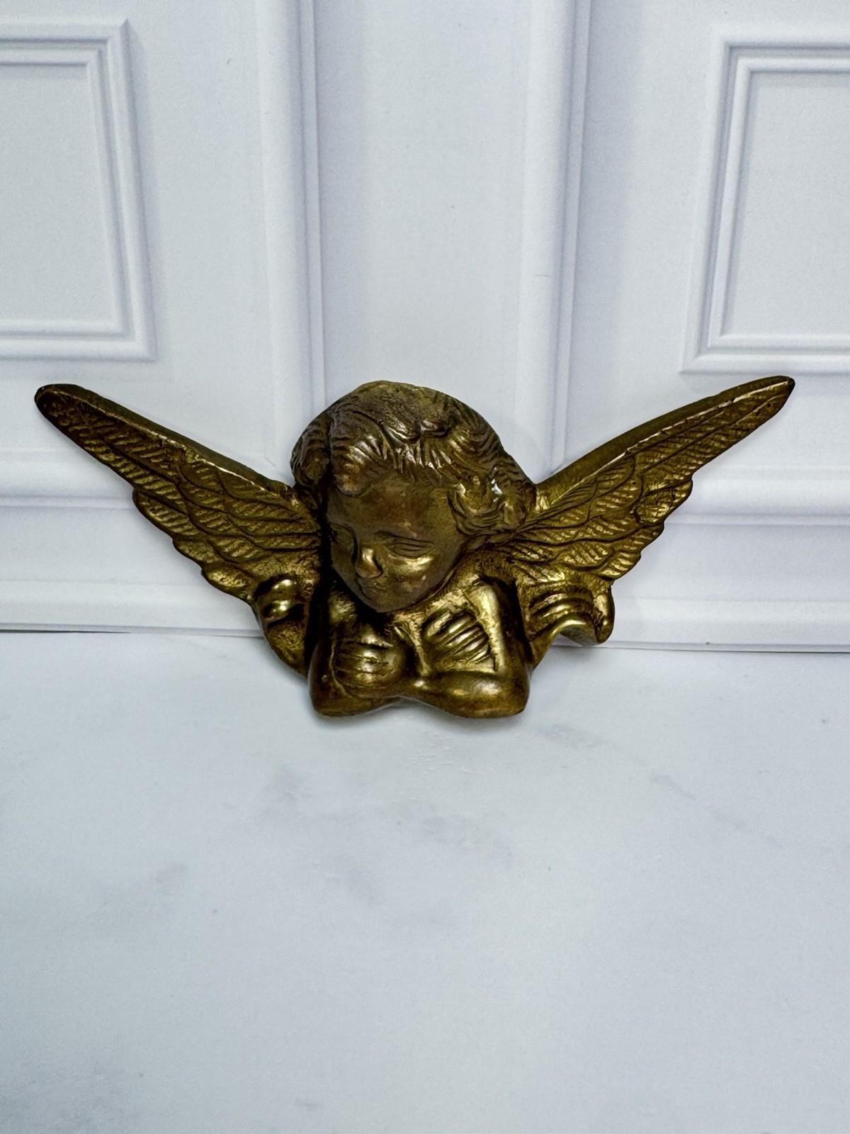 Vintage Brass Angel Cherub Wall Hanging Boudoir Whimsical Sculpture Figurine 5″