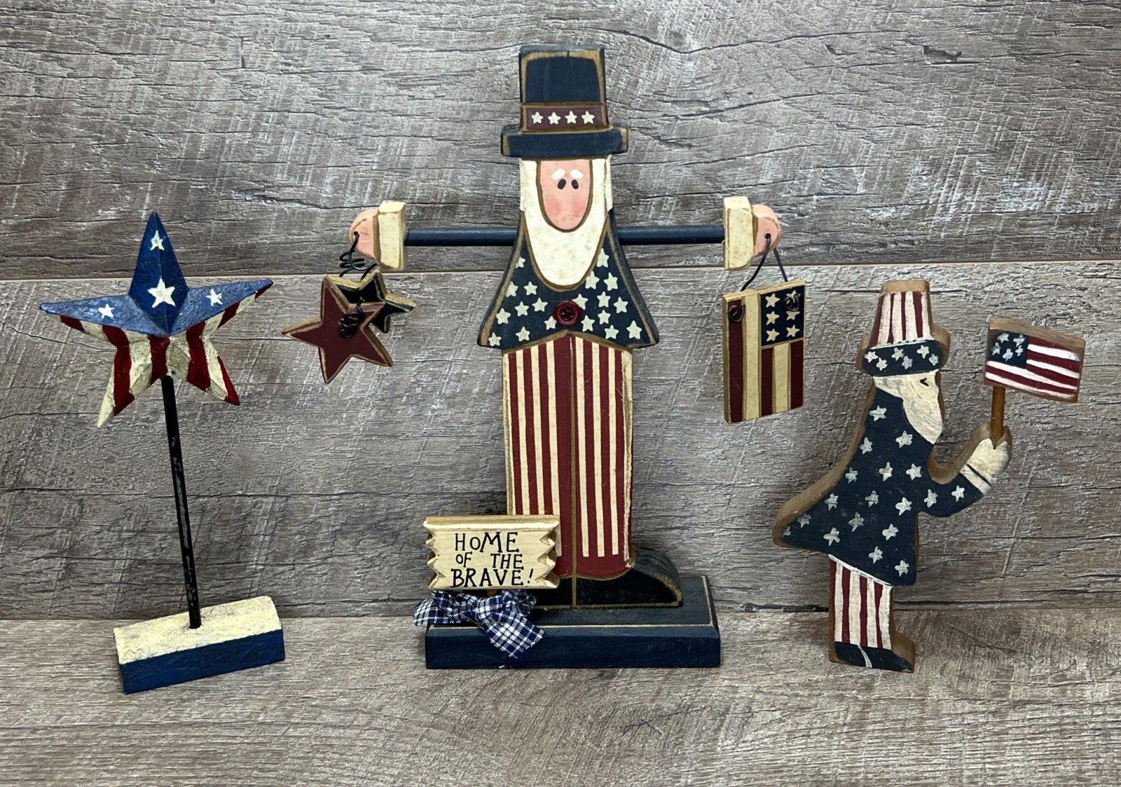 Vintage Uncle Sam Patriotic Americana Folk Art Painted Wooden Figurines Lot